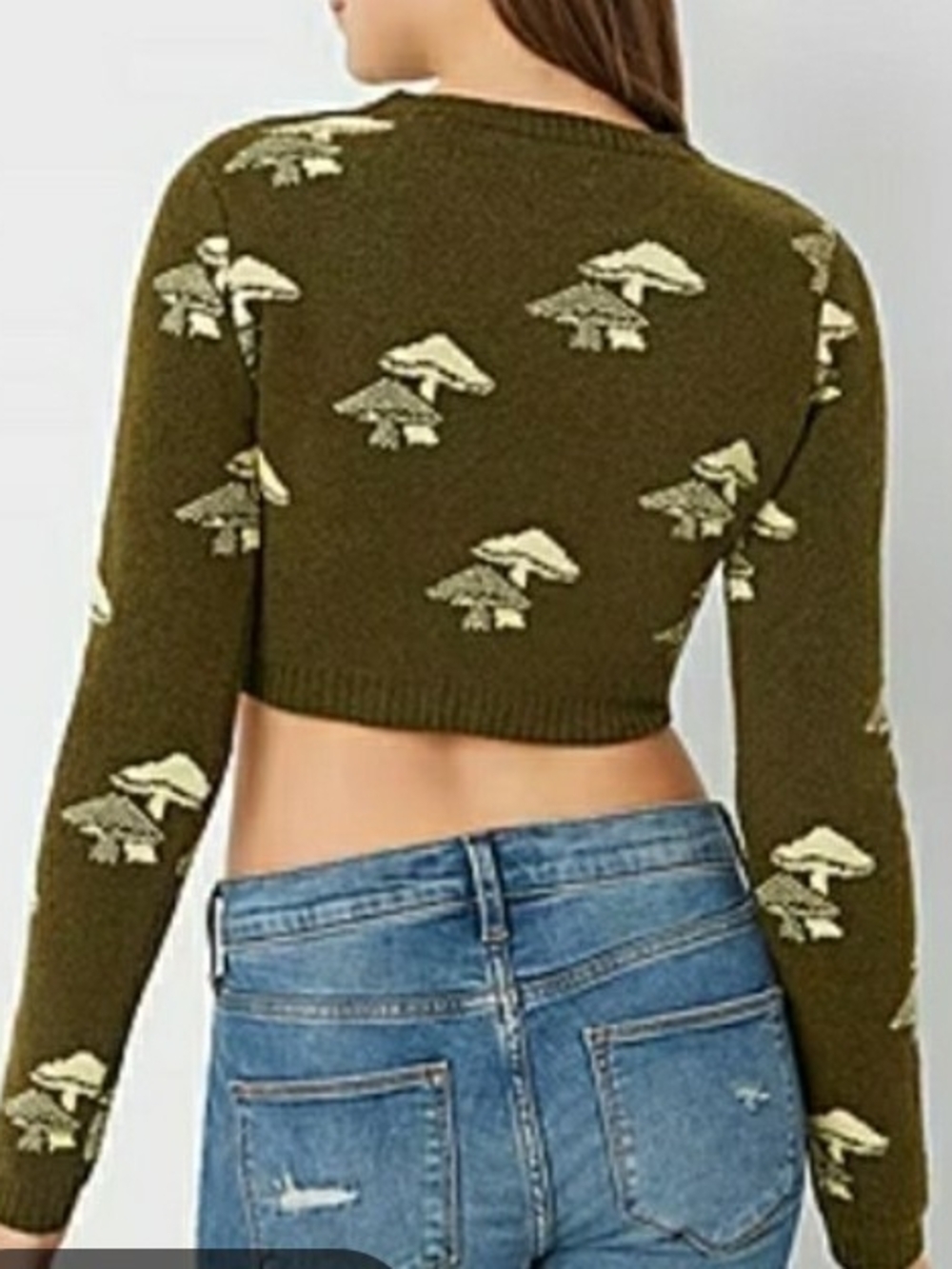 Arizona Jean Co. Olive Green Mushroom Print Crewneck Crop Sweater Womens Large
